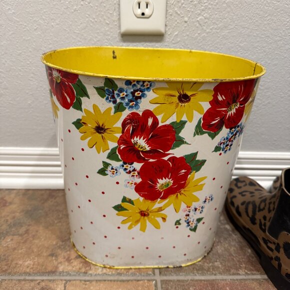 1950's Retro N.C. Color Ware Yellow & White Floral Metal Waste Bin - Picture 3 of 17